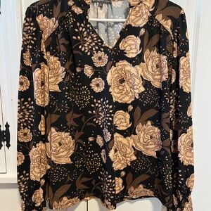 Adrianna Papell Black and Tan Floral Blouse